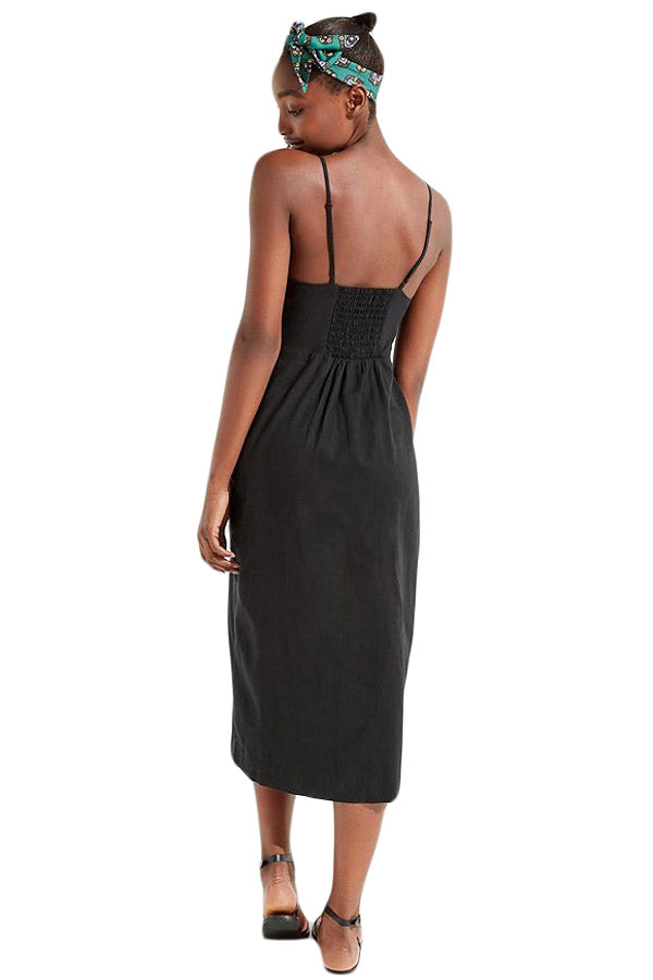 Black Button-down Linen Midi Dress