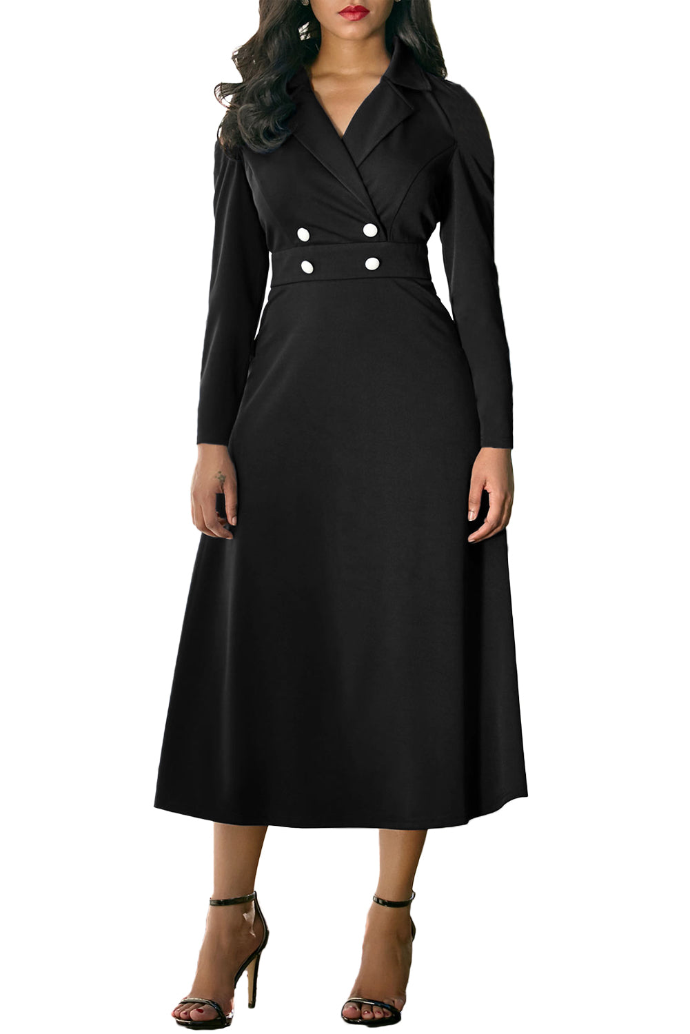 Black Vintage Button Collared Fit-and-flare Dress