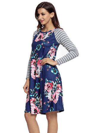 Dark Blue Floral Print Stripe Raglan Sleeve Dress