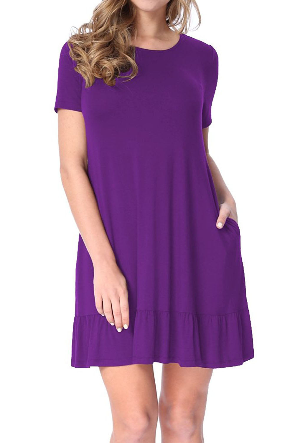 Purple Short Sleeve Draped Hemline Casual Shirt Dress