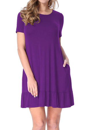 Purple Short Sleeve Draped Hemline Casual Shirt Dress
