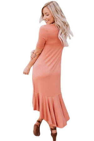 Coral Flowy Ruffles Short Sleeve Casual Dress