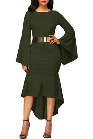 Olive Green Bell Sleeve Dip Hem Belted Dress