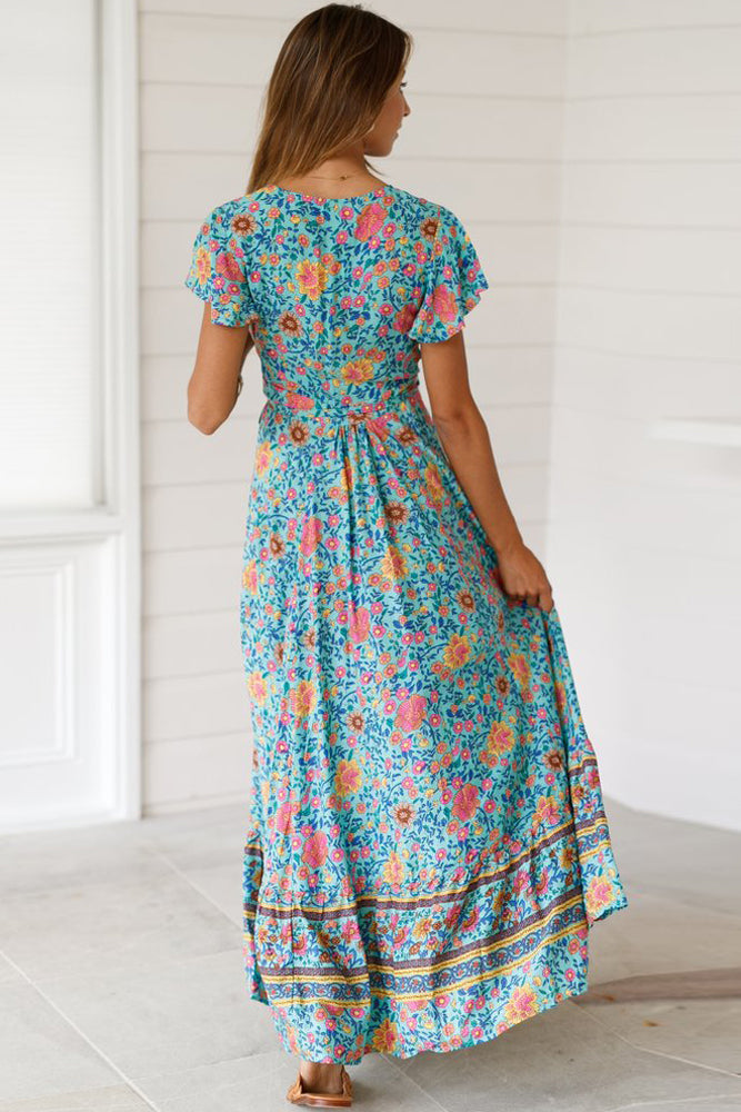 Sky Blue V-Neck Beach Resort Printed Dress