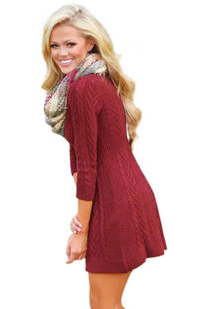 Burgundy Cable Knit Fitted 3/4 Sleeve Sweater Dress