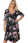 Black 3/4 Length Tie Sleeves Floral Jersey Wrap Dress