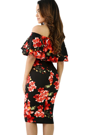 Black Red Floral Layered Ruffle Off Shoulder Midi Dress