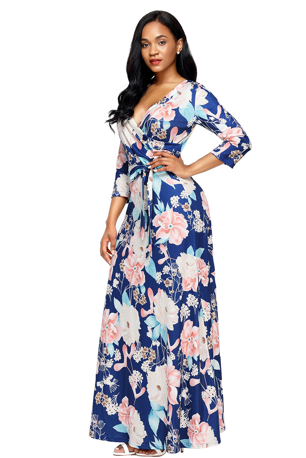 Slate Blue Floral Print Wrapped Long Boho Dress