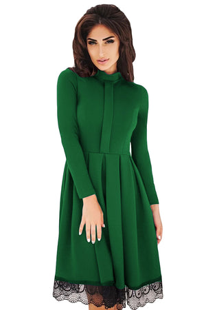 Lace Hemline Detail Green Long Sleeve Skater Dress