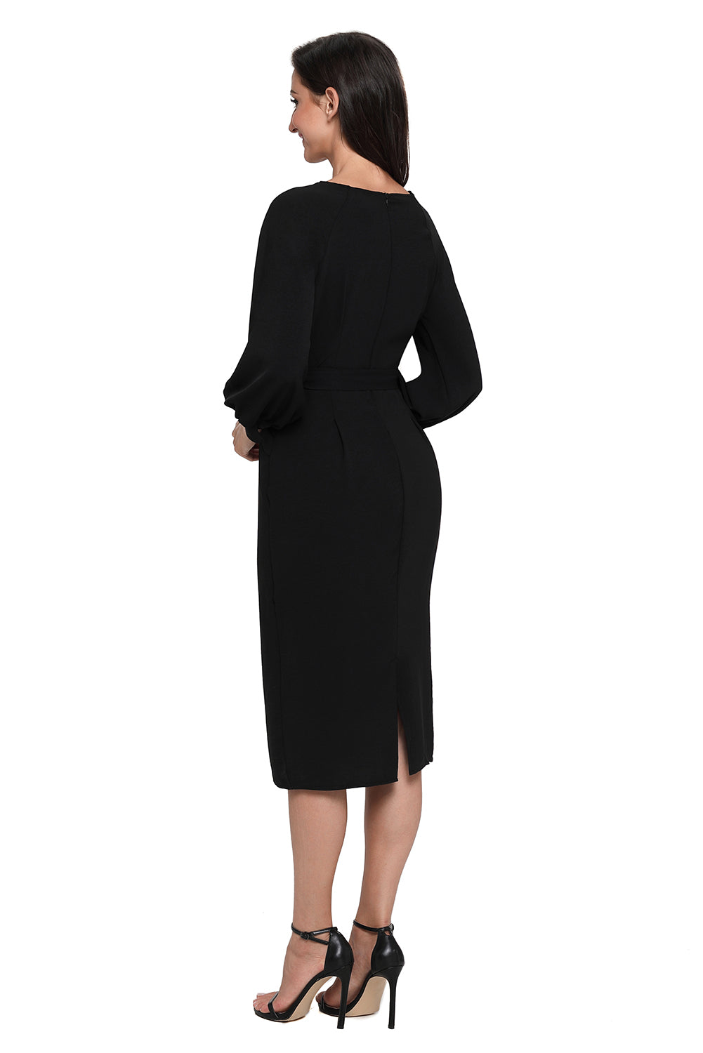 Black Puff Sleeve Belt Chiffon Pencil Dress