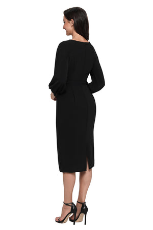 Black Puff Sleeve Belt Chiffon Pencil Dress