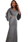 Gray Sequin Butterfly Sleeve Floor Length Party Gown