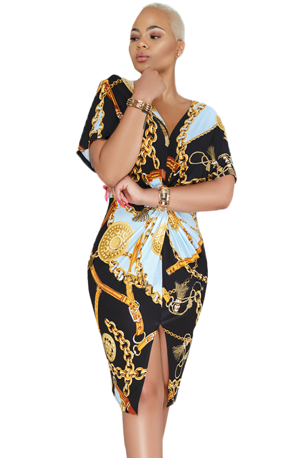 Black Batwing Sleeve Chain Print Slit Dress