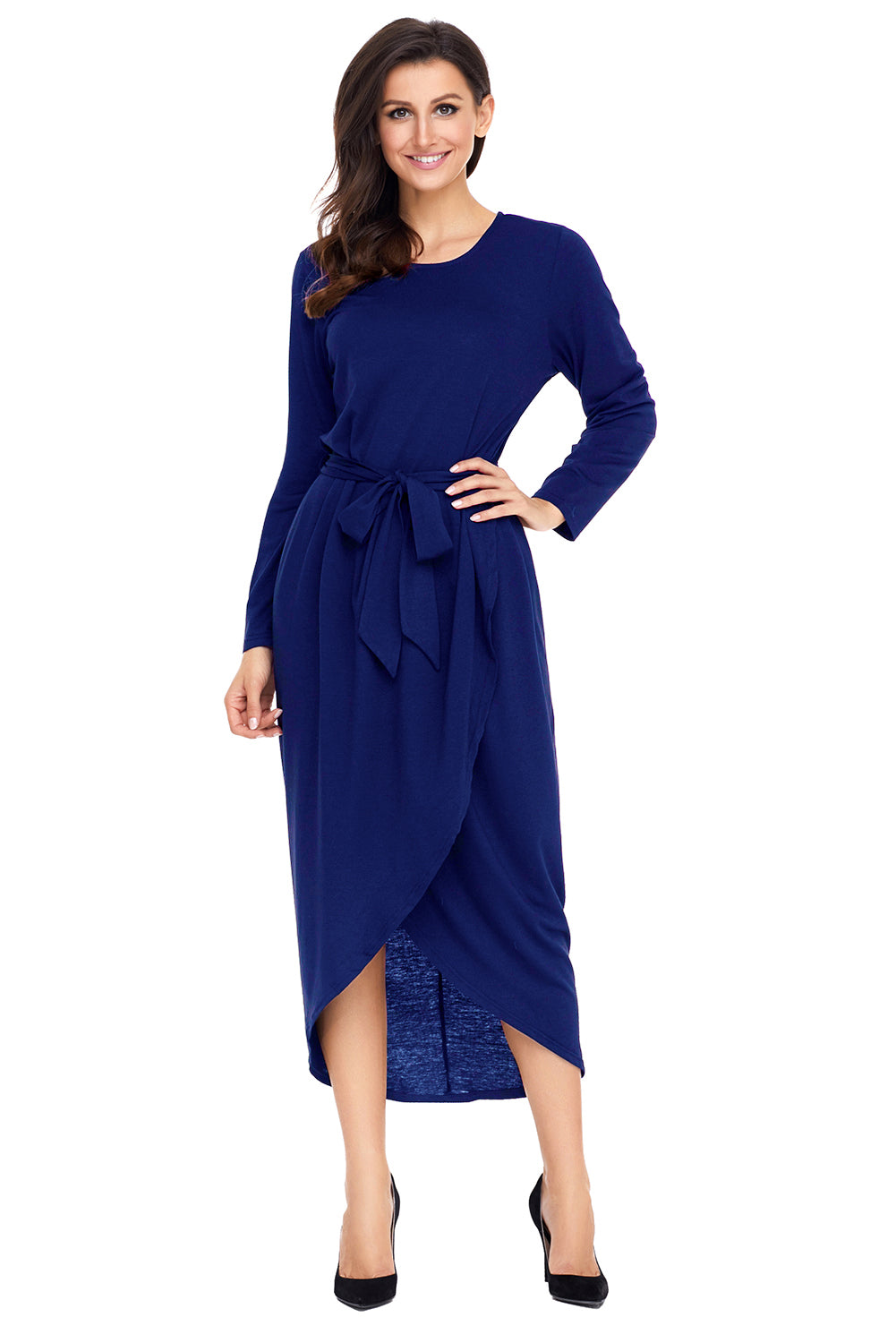 Navy Tulip Faux Wrap Sash Tie Jersey Dress