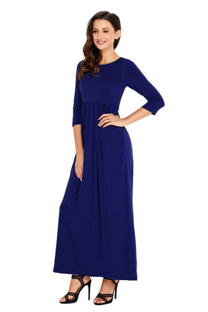 Royal Blue Pocket Design 3/4 Sleeves Maxi Dress