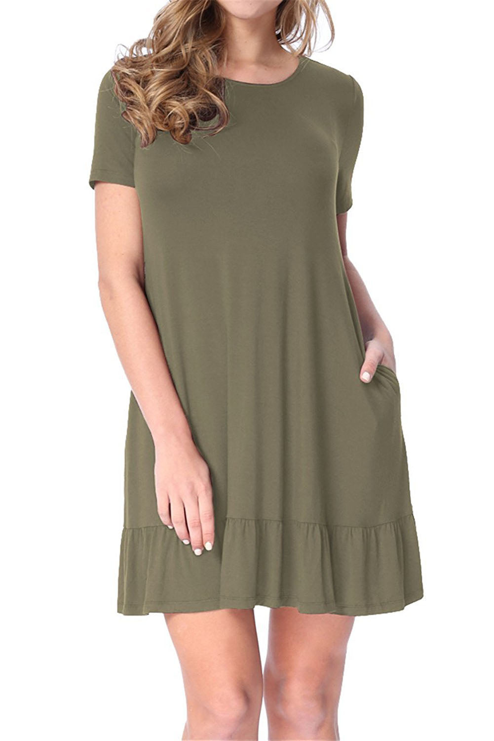 Army Green Short Sleeve Draped Hemline Casual Shirt Dress