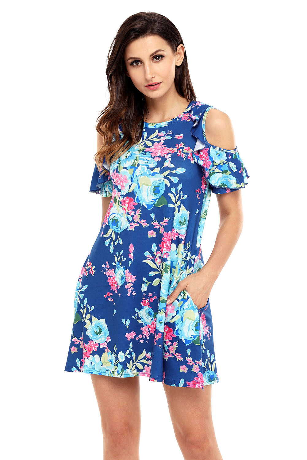 Ruffled Cold Shoulder Blue Floral Dress