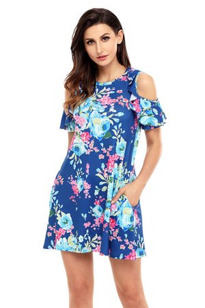 Ruffled Cold Shoulder Blue Floral Dress