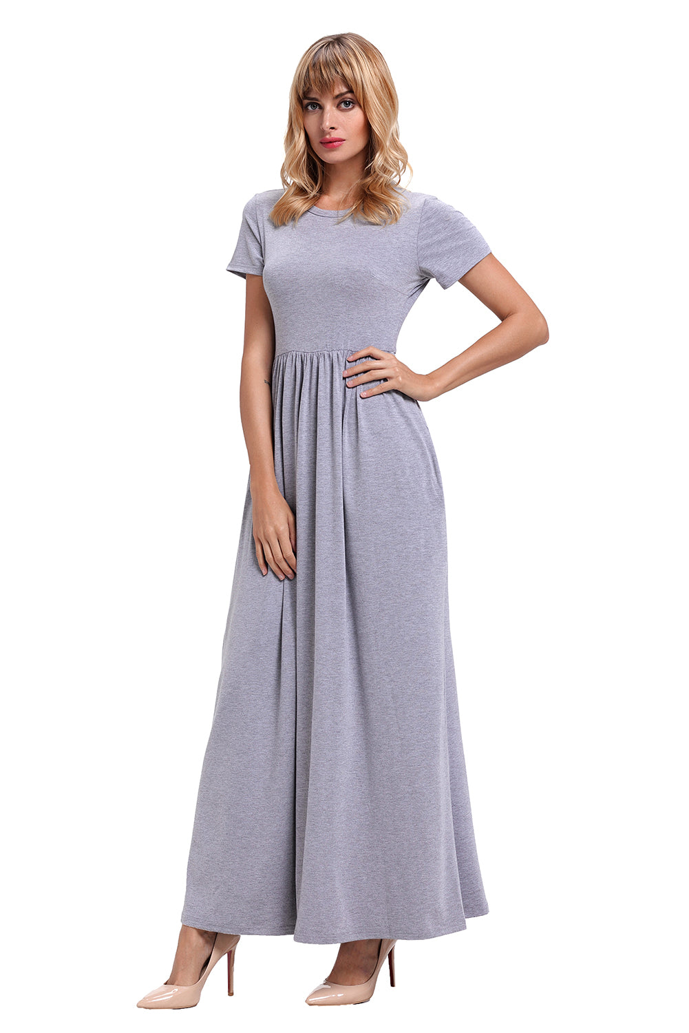 Gray Short Sleeve Ruched Waist Maxi Dress