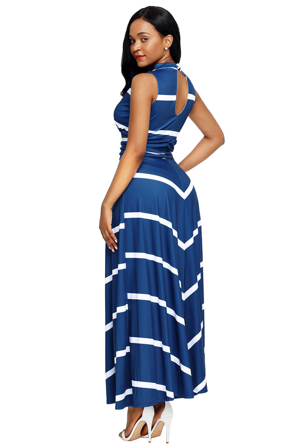 Blue V Neck Cut out Back Printed Maxi Dress