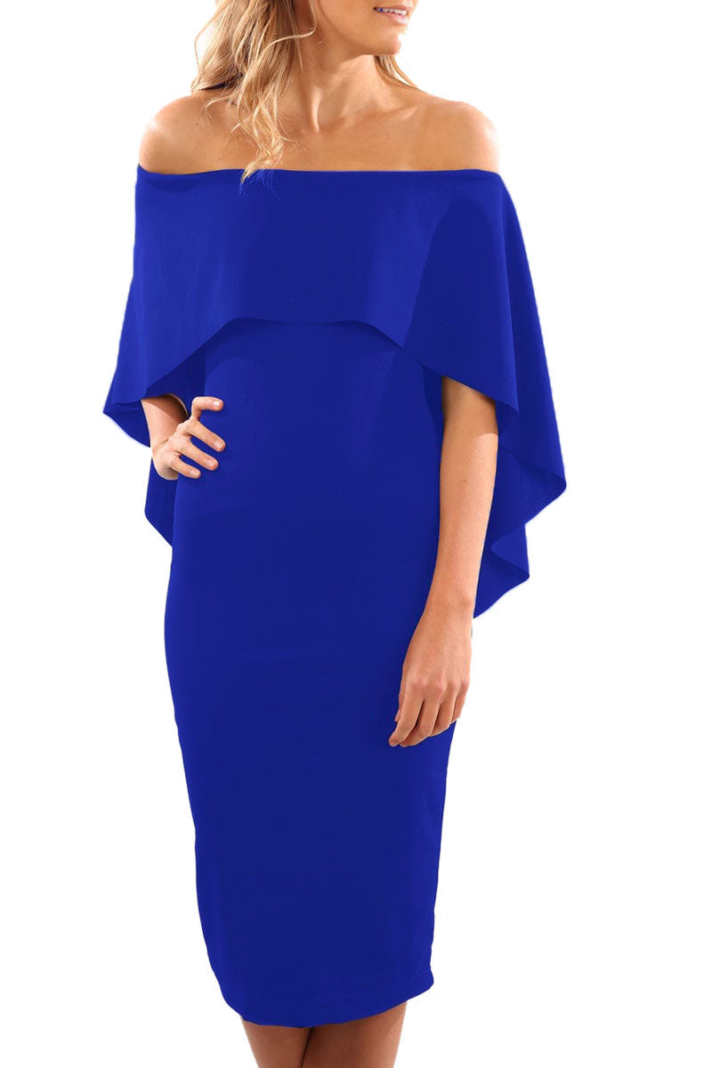 Royal Blue Luxurious Off Shoulder Batwing Cape Midi Poncho Dress