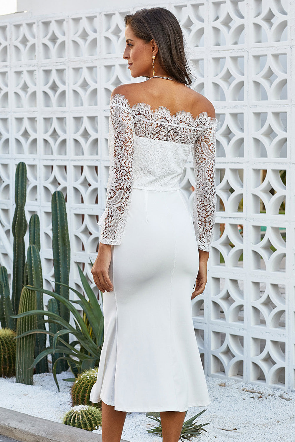 White Ruffle Detail Lace Off Shoulder Midi Dress