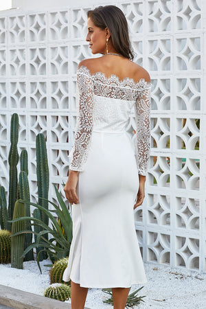 White Ruffle Detail Lace Off Shoulder Midi Dress