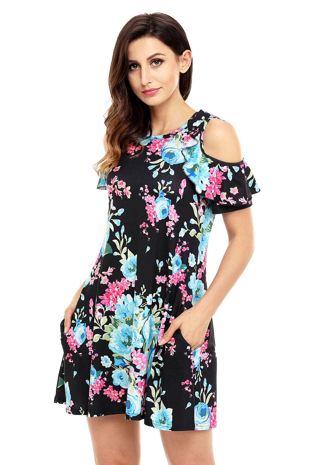Ruffled Cold Shoulder Black Floral Dress