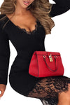 Black Eyelash Lace Overlay Long Sleeve Bodycon Dress