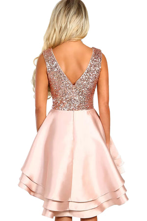 Heart Broken Pink Gold Sequin Multi Layer Skater Dress