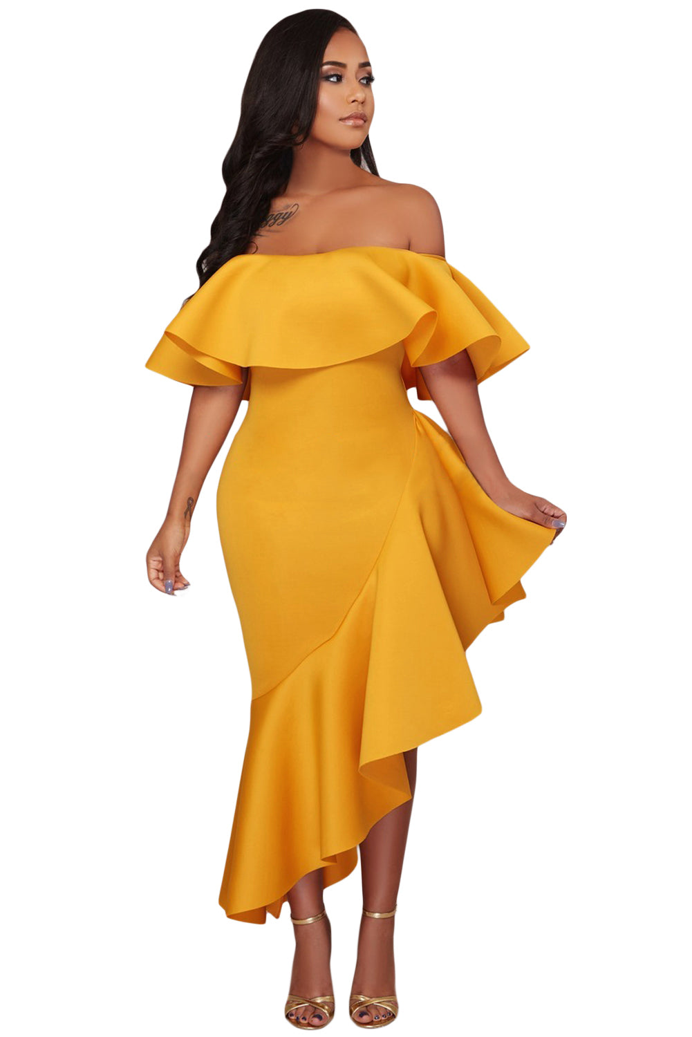 Yellow Asymmetric Ruffle Off Shoulder Party Dress