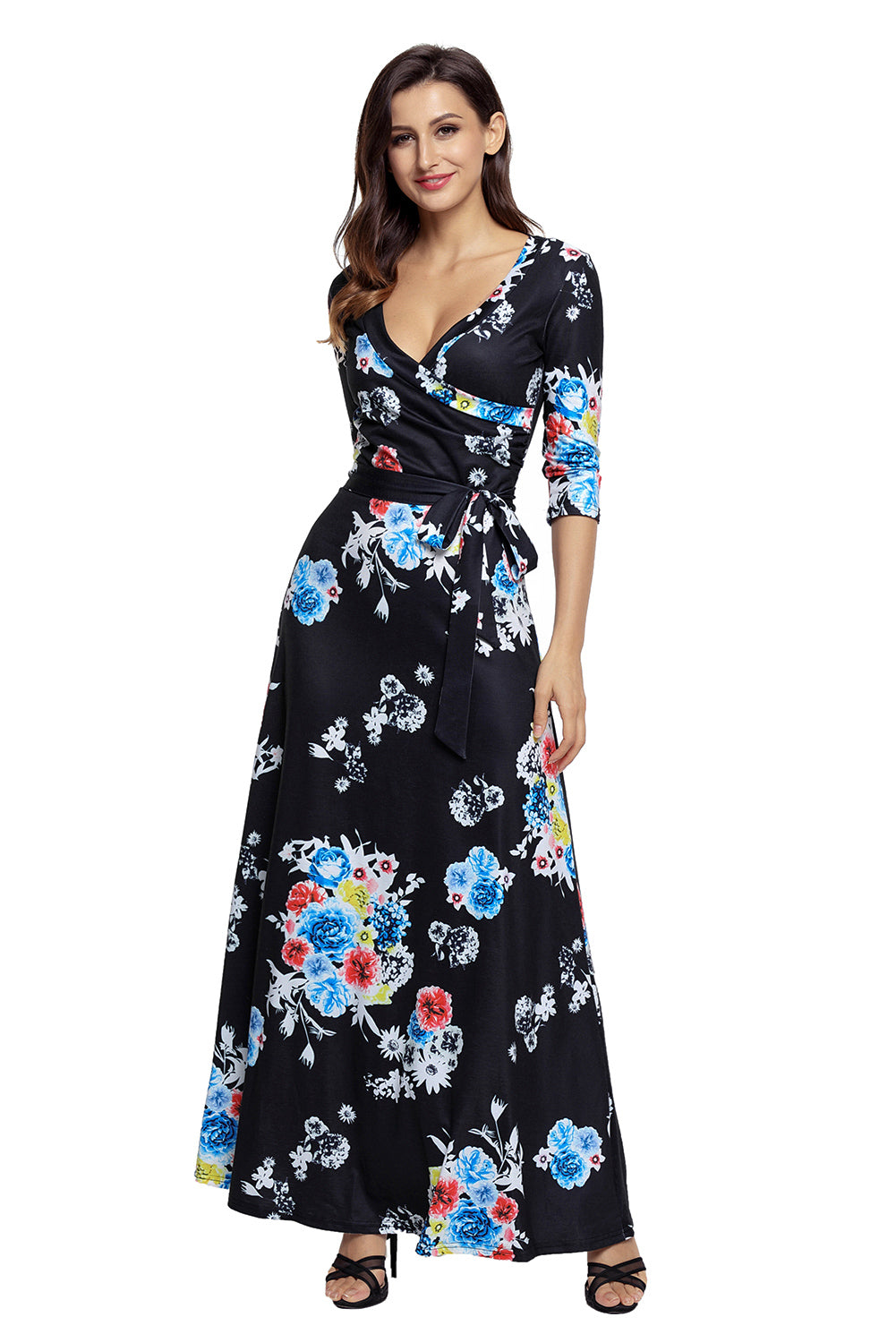 Black Floral Print Wrapped Long Boho Dress