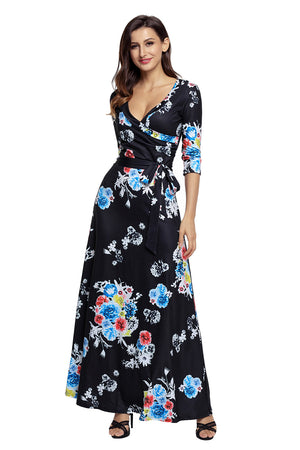 Black Floral Print Wrapped Long Boho Dress