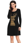 Geometric Snowflake Reindeer Black Christmas T-shirt Dress