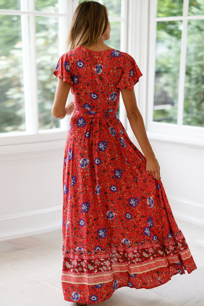 Red V-Neck Beach Resort Printed Dress