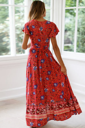 Red V-Neck Beach Resort Printed Dress