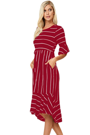 Burgundy White Striped Bell Sleeve Hi-low Midi Dress