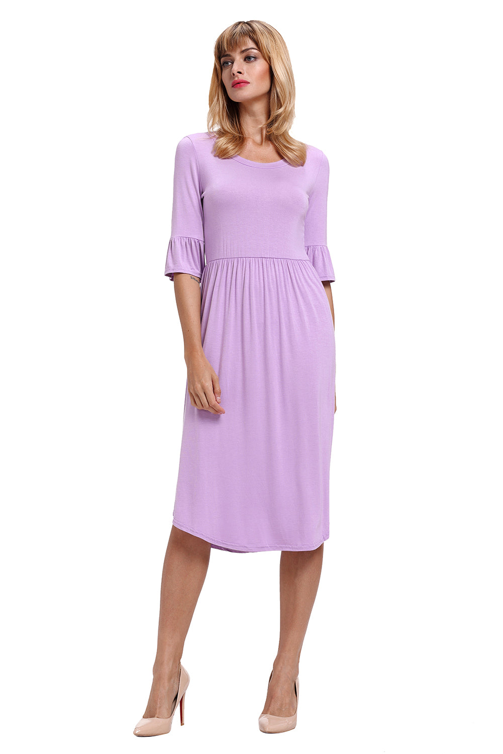 Purple Ruffle Sleeve Midi Jersey Dress