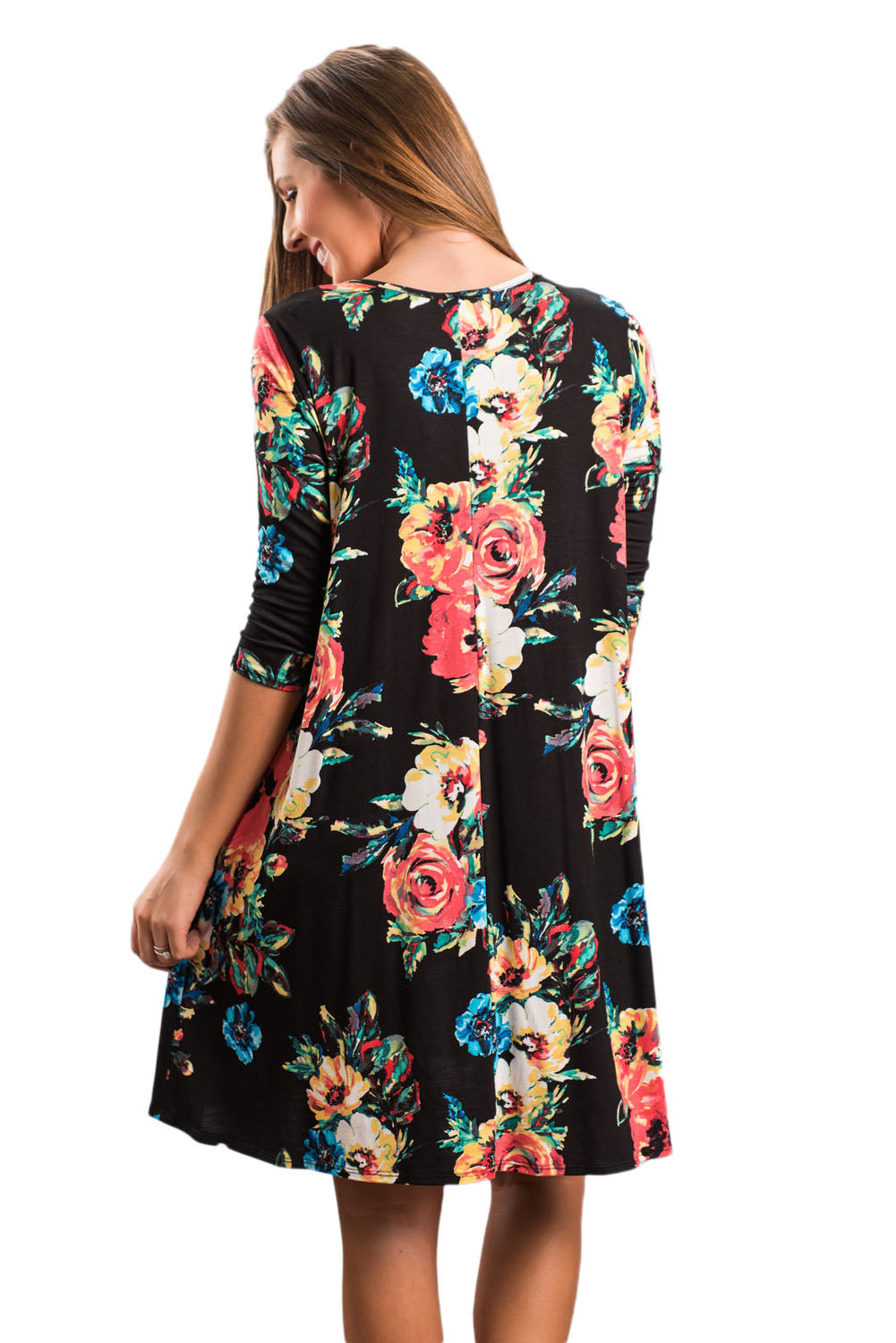 Black Floral Long Sleeve A-Line Tunic Dress