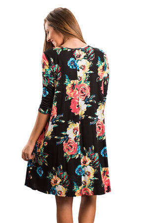 Black Floral Long Sleeve A-Line Tunic Dress