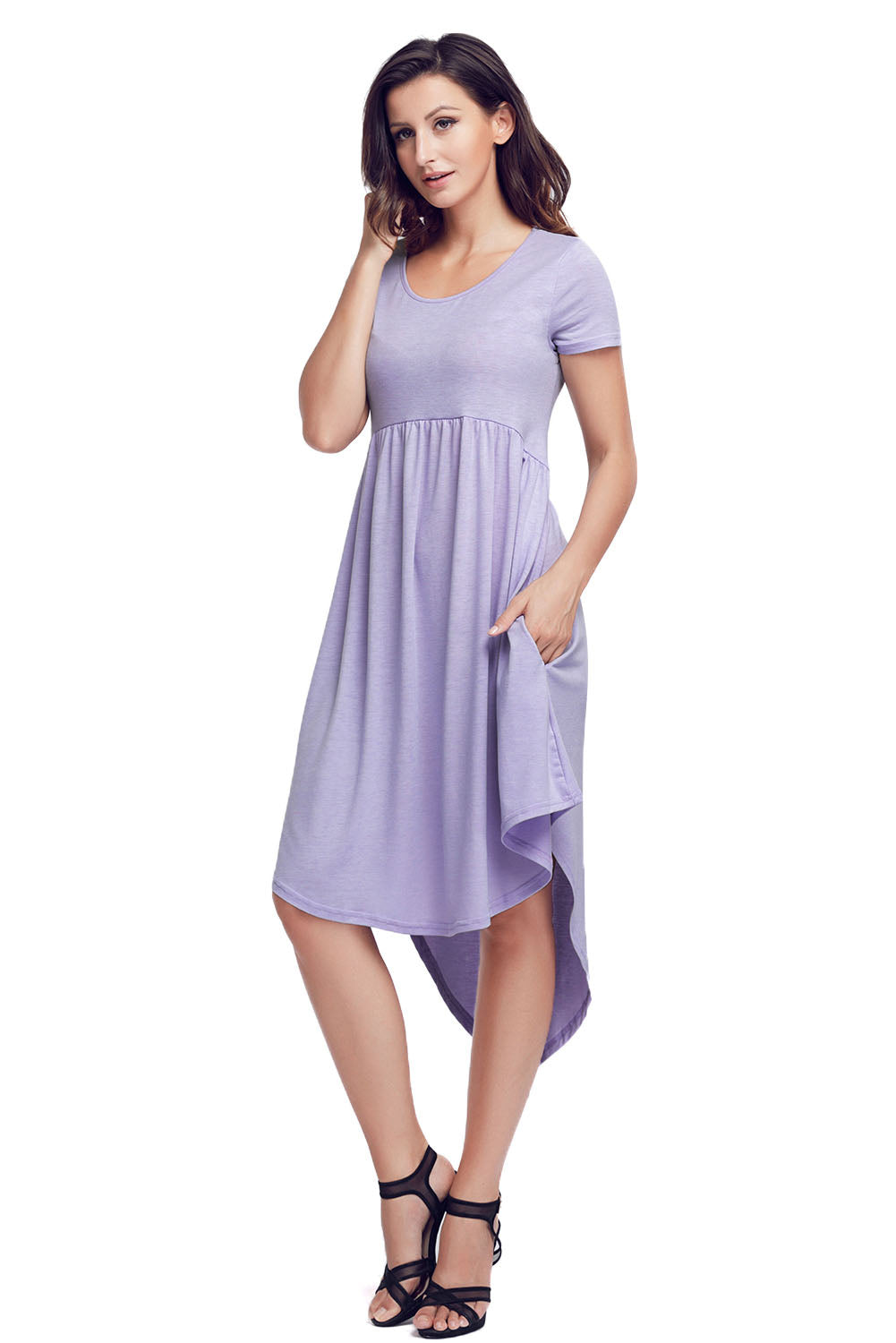 Mauve Short Sleeve High Low Pleated Casual Swing Dress