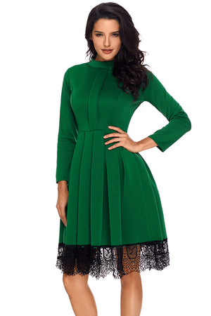 Lace Hemline Detail Green Long Sleeve Skater Dress
