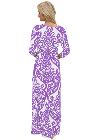 White Purple Damask Print Wrap V Neck Boho Dress