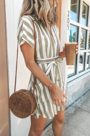 Khaki Fashion Stripe Short Sleeve Casual Dress