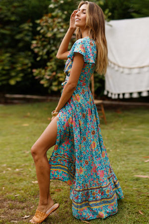 Sky Blue V-Neck Beach Resort Printed Dress