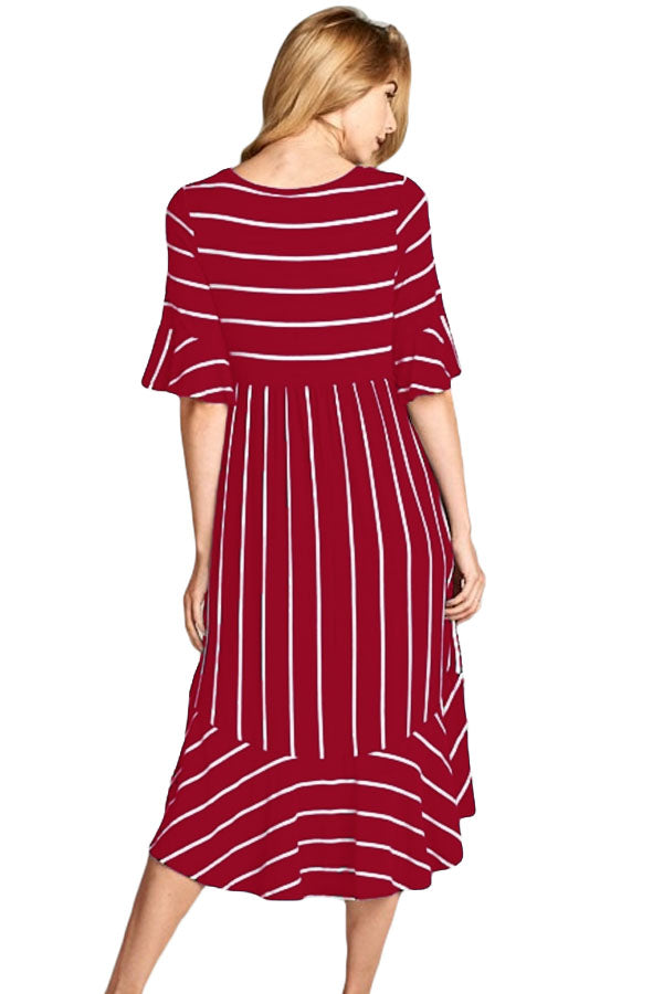Burgundy White Striped Bell Sleeve Hi-low Midi Dress