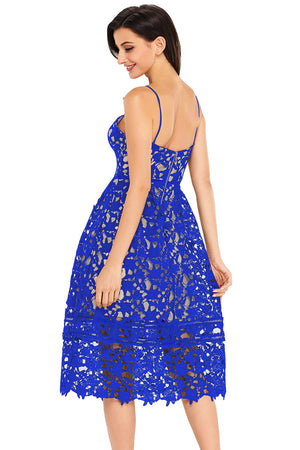 Royal Blue Lace Hollow Out Nude Illusion Party Dress