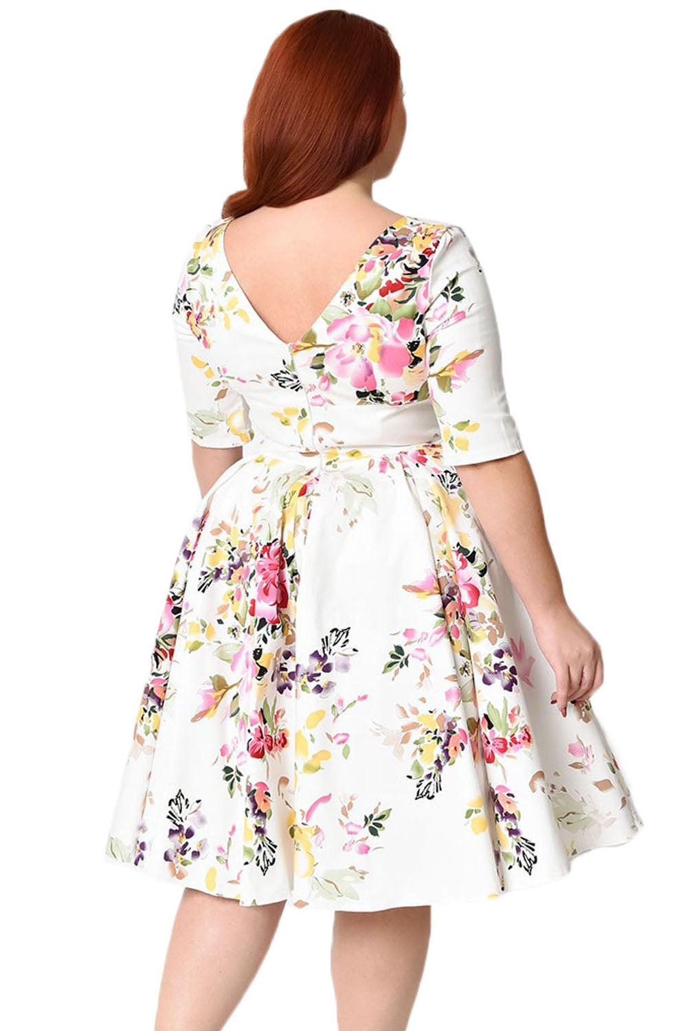 White Vintage Style Floral Half Sleeve Swing Dress
