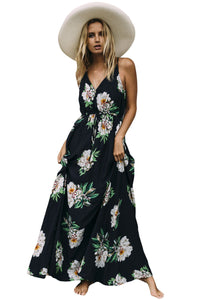Navy Flowery Print Sexy V Neck Maxi Dress