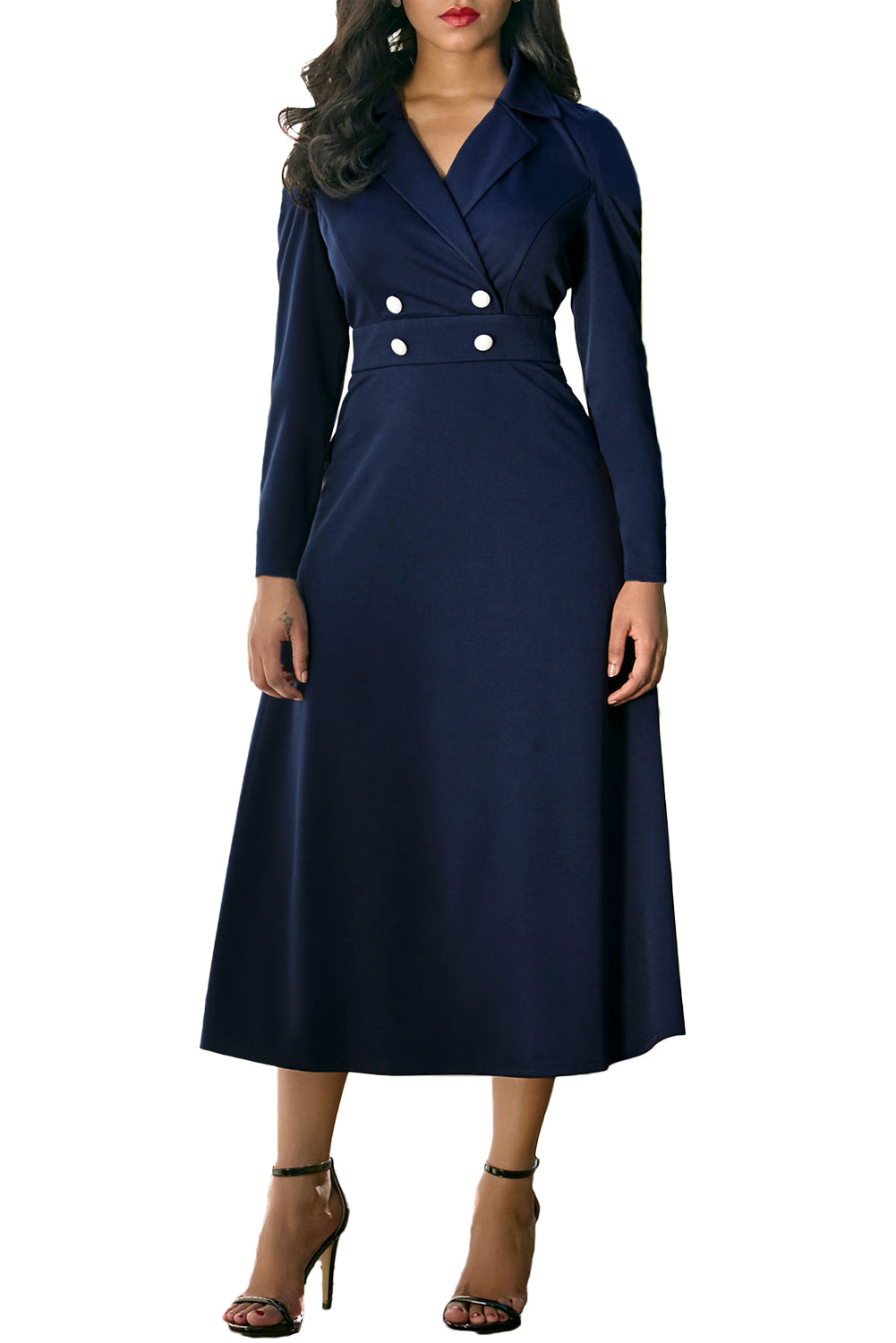 Navy Vintage Button Collared Fit-and-flare Dress